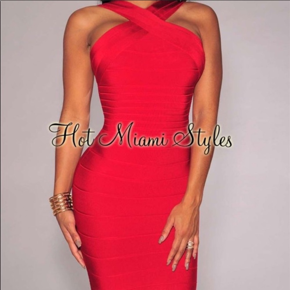 Hot Miami Styles Red Cross-Neck Bandage Mini Dress